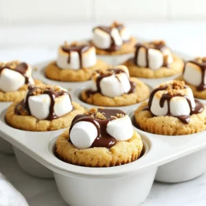 - 1 cup graham cracker crumbs - ½ cup all-purpose flour - ½ teaspoon baking soda - ¼ teaspoon salt - ½ cup unsalted butter, softened - ½ cup brown sugar, tightly packed - ¼ cup granulated sugar - 1 large egg - 1 teaspoon vanilla extract - 1 cup mini chocolate chips - 1 cup mini marshmallows - Optional: Additional chocolate chips for drizzling The main ingredients in S’mores Cookie Cups create a sweet and tasty base. First, the graham cracker crumbs give that classic S’mores flavor. Adding flour helps the cups hold their shape. Baking soda and salt balance the sweetness. Softened butter makes the dough rich and creamy. Brown sugar adds depth and moisture. The additional ingredients make these cookie cups even better. Granulated sugar adds sweetness and texture. The large egg binds everything together. Vanilla extract enhances the flavor. Mini chocolate chips bring a delightful melt. Mini marshmallows provide that gooey, fun part of S’mores. You can drizzle extra chocolate on top for more richness. These ingredients come together to create a fun and easy treat. They’re perfect for kids and adults alike. Enjoy making these delicious cookie cups! {{ingredient_image_2}} 1. Preheat your oven to 350°F (175°C). This helps the cookie cups bake evenly. 2. Prepare a muffin tin by greasing it lightly or using cupcake liners. This makes removal easier later. 3. In a medium bowl, mix together the graham cracker crumbs, flour, baking soda, and salt. Whisk until combined. Set this aside for later. 1. In a large bowl, cream the softened butter with brown sugar and granulated sugar. Use a hand mixer for about 2-3 minutes. The mix should look light and fluffy. 2. Add the egg and vanilla extract to the butter-sugar mix. Blend until smooth and well combined. 1. Gradually add the dry mix into the wet mix. Stir gently until just combined. Be careful not to over-mix. 2. Fold in the mini chocolate chips. Make sure they spread evenly in the dough. 3. Scoop about one tablespoon of cookie dough into each muffin cup. Press the dough gently to form a cup shape. 4. Place the muffin tin in the oven. Bake for 10-12 minutes until the edges are golden brown. 5. Remove the tin from the oven and quickly press mini marshmallows into the center of each cookie cup. 6. Return the tin to the oven for 2-3 more minutes. Watch closely until the marshmallows puff up and turn golden. 7. Let the cookie cups cool in the tin for about 5 minutes. Then, transfer them to a wire rack to cool completely. - How to avoid over-mixing dough: Mix the dry and wet ingredients until just combined. Stir gently. If you see some flour, that’s okay! Over-mixing makes cookies tough. - Ensuring perfect cookie cup shape: Use a cookie scoop to place dough in muffin cups. Press it down gently in the bottom and up the sides. This forms a nice cup shape that holds the filling. - Presentation ideas for occasions: Serve your cookie cups on a colorful platter. Add crushed graham crackers on top for a fun look. You can also drizzle melted chocolate for extra flair. - Ideal pairings and toppings: Pair these cookie cups with a glass of cold milk. You can top them with whipped cream or extra mini marshmallows for a real treat. Try adding peanut butter chips for a twist! Pro Tips Chill the Dough: For a thicker cookie cup, chill the dough for 30 minutes before baking. This helps prevent spreading and maintains the cup shape. Use Fresh Ingredients: Ensure your baking soda is fresh for optimal rise and texture. Expired baking soda can lead to flat cookies. Experiment with Fillings: Try adding peanut butter chips or different flavored chocolate chips for a unique twist on the classic s'mores flavor. Serve Warm: For the best experience, serve the cookie cups warm right out of the oven. The marshmallows will be gooey and delicious! {{image_4}} You can change up the chocolate chips for your S’mores Cookie Cups. Here are some fun ideas: - Use dark chocolate chips for a richer taste. - Try white chocolate chips for a sweet twist. - Add peanut butter chips for extra flavor. - Mix in butterscotch chips for a unique touch. You can also add toppings and nuts. Here are a few options: - Sprinkle crushed graham crackers on top for crunch. - Add chopped nuts, like pecans or walnuts, for texture. - Drizzle caramel sauce for a sweet finish. - Top with extra mini marshmallows for more gooey goodness. If you have dietary needs, you can still enjoy these cookie cups. Here are some simple swaps: - For gluten-free versions, use gluten-free graham cracker crumbs and flour. - Replace all-purpose flour with almond flour for a nutty flavor. - For vegan options, swap the butter for coconut oil and use a flax egg instead of a regular egg. These adjustments keep the flavor while meeting your needs. Enjoy experimenting! To keep your S’mores Cookie Cups fresh, store them in an airtight container. Make sure they cool fully before sealing them. This step prevents moisture build-up. You can keep them at room temperature for up to three days. For longer storage, place them in the fridge for up to one week. If you want to save them even longer, consider freezing them. To reheat your cookie cups, use the oven for the best taste. Preheat the oven to 350°F (175°C). Place the cookie cups on a baking sheet. Heat them for about 5 to 7 minutes. This warms them without making them dry. You can also use the microwave but be careful. Heat them in short bursts, about 10 seconds at a time. This keeps them soft and fresh without overcooking. Yes, you can make S’mores Cookie Cups ahead of time. Prepare the cookie cups, but do not add the marshmallows yet. Store the baked cookie cups in an airtight container for up to two days. When you are ready to serve, add the marshmallows and warm them in the oven for a few minutes. You can tell when they are done by looking at the edges. They should be golden brown. The centers may look slightly soft but will firm up as they cool. Press the marshmallows in right after you take them out for a perfect finish. Yes, freezing is a great option. Allow the cookie cups to cool completely. Then, wrap them tightly in plastic wrap and place them in a freezer bag. They can last up to three months. When ready to eat, thaw them in the fridge and warm them up in the oven. This blog post walks you through making delicious S'mores Cookie Cups. We covered key ingredients like graham cracker crumbs, chocolate chips, and marshmallows. You learned simple steps from prep to baking, plus tips for perfect results. I shared ideas for flavor variations and how to store your treats. Remember, you can get creative and adjust the recipe to suit your taste. Enjoy your bake, and don't hesitate to share your cookie cup creations with friends!