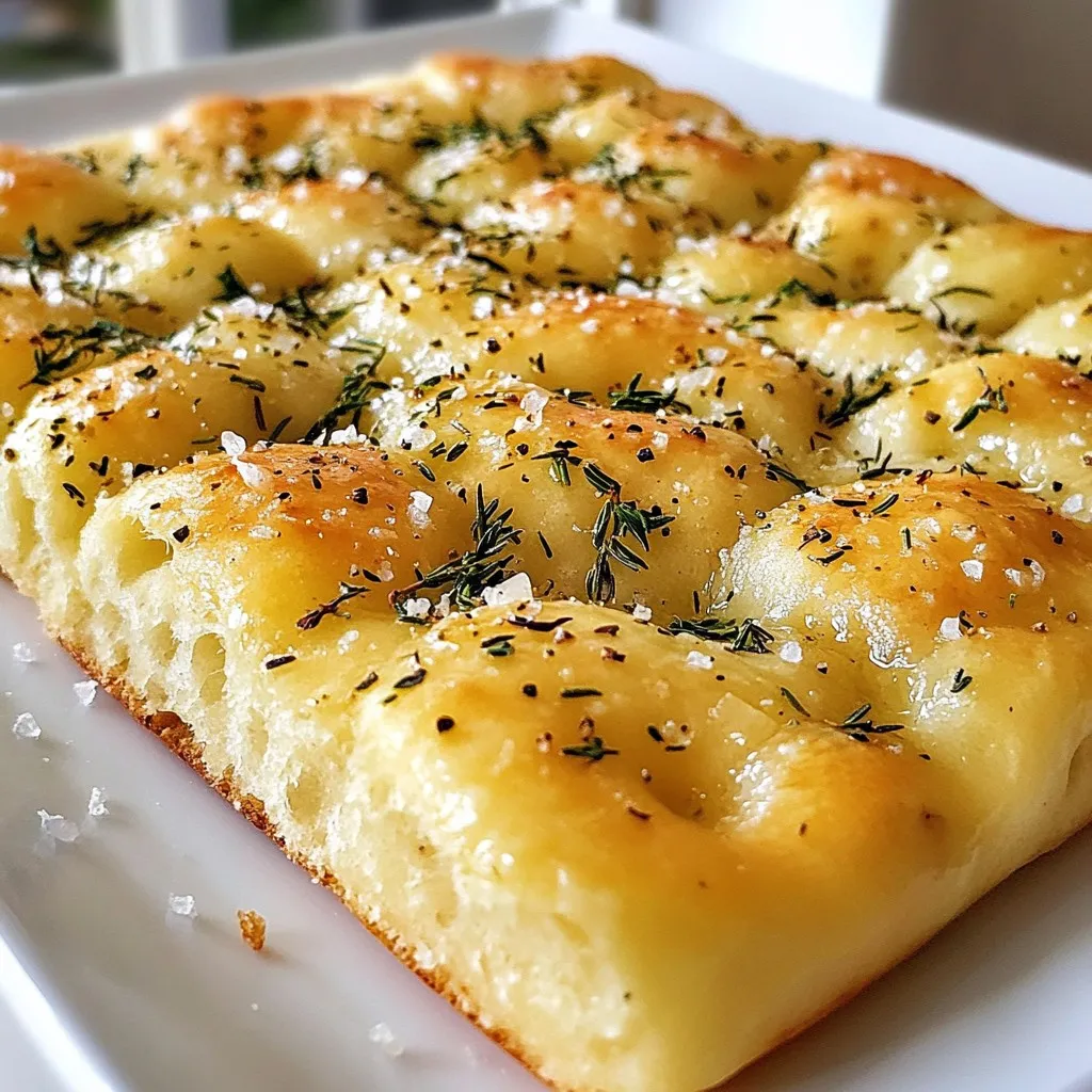 To make a great garlic herb focaccia bread, you need: - 4 cups all-purpose flour - 2 teaspoons instant yeast - 2 teaspoons salt - 1 tablespoon sugar - 1 ½ cups warm water (110°F/43°C) - 1/4 cup olive oil (plus more for drizzling) - 4 cloves garlic, finely minced - 2 tablespoons fresh rosemary, finely chopped - 1 tablespoon fresh thyme, finely chopped - Flaky sea salt for topping - Freshly cracked black pepper to taste These ingredients create a dough that is soft, rich, and full of flavor. The garlic and herbs add a lovely aroma. You can tweak the recipe to suit your taste. Here are some ideas: - Use fresh basil instead of rosemary. - Add sun-dried tomatoes for a tangy twist. - Swap out olive oil for melted butter if you prefer. - For a cheese lover, sprinkle some Parmesan or mozzarella on top before baking. These options can change the flavor and make your focaccia unique. Having the right tools makes cooking easier. For this recipe, you will need: - Large mixing bowl - Whisk or spoon - Wooden spoon or spatula - Lightly floured surface for kneading - Baking sheet - Parchment paper - Clean kitchen towel or plastic wrap for covering These tools help you mix, knead, and bake with ease. Enjoy making your focaccia bread! {{ingredient_image_2}} Start by gathering your ingredients. In a large bowl, mix 4 cups of all-purpose flour, 2 teaspoons of instant yeast, 2 teaspoons of salt, and 1 tablespoon of sugar. Use a whisk or spoon to mix well. This step ensures that each bite of your focaccia has a balanced flavor. Next, slowly add 1 ½ cups of warm water and 1/4 cup of olive oil into the dry mix. Stir until a shaggy dough forms. This dough may look rough, but that’s perfect for now! Now it’s time to knead. Transfer your shaggy dough to a floured surface. Knead for about 5-7 minutes. Push and fold the dough with your hands until it feels smooth and elastic. If the dough sticks, sprinkle a little more flour, but don’t overdo it. You want a soft texture. Kneading helps develop gluten, which gives the bread its nice structure. Once you finish kneading, shape the dough into a ball. Place it in a greased bowl and cover it with a kitchen towel or plastic wrap. Let it rise in a warm spot for about 1 hour. You want it to double in size. This rising process allows air bubbles to form, making your focaccia light and fluffy. Don’t rush this step; it’s key to great bread! To get that soft and airy texture, knead the dough well. You want it smooth and elastic. A good rule is to knead for 5-7 minutes. If it feels sticky, add just a little flour. Be careful not to add too much. This keeps the bread light. One big mistake is not letting the dough rise enough. If you rush this step, your bread will be dense. Always cover your dough while it rises. This keeps it warm and helps it grow. Also, don't skip the dimpling step. It gives focaccia its unique look and texture. To boost the flavor, use fresh herbs like rosemary and thyme. Their oils bring a great taste. You can also mix in some grated cheese before baking. A sprinkle of flaky sea salt on top enhances every bite. For an extra kick, add a pinch of crushed red pepper. Pro Tips Use Fresh Herbs: Fresh herbs provide a vibrant flavor that dried herbs cannot match. Opt for freshly chopped rosemary and thyme for the best taste. Perfect Dimpling: Creating deep dimples in the dough not only adds texture but also helps to hold the olive oil and toppings, enhancing the flavor. Temperature Control: Ensure your water is at the right temperature (110°F/43°C) to activate the yeast effectively. Too hot or too cold may hinder rising. Resting Time is Key: Allow the shaped dough to rest before baking. This helps develop the flavors and ensures a light, airy texture in the final bread. {{image_4}} You can make your focaccia even tastier by adding cheese or olives. Cheese like mozzarella or parmesan melts well and adds a creamy texture. Simply sprinkle shredded cheese over the dough before baking. For olives, use green or black olives. Chop them and mix them into the dough or scatter them on top. This adds a salty, briny flavor that pairs perfectly with the herbs. Feel free to play with herbs to find your favorite flavor. Besides rosemary and thyme, you can try basil, oregano, or even sage. Mix and match these herbs to create a unique taste. For a twist, add some crushed red pepper for heat or lemon zest for brightness. Each combination brings its own charm to the focaccia. If you need a gluten-free option, use a gluten-free flour blend. Make sure it has xanthan gum, which helps mimic the texture of wheat flour. Follow the same steps in the recipe, but the dough may need less water. Keep an eye on the baking time, as gluten-free dough can cook faster. Enjoy delicious focaccia that fits your diet! To keep your focaccia fresh, wrap it well. Use plastic wrap or aluminum foil. If you have a bread box, it works great too. Store it at room temperature for up to three days. Avoid putting it in the fridge; this can make it dry out. If you want to keep it longer, consider freezing. To freeze focaccia, first let it cool completely. Then, wrap it tightly in plastic wrap. Place it in a freezer bag. It can stay good for up to three months. When you're ready to enjoy it, remove it from the freezer. Let it thaw at room temperature. Reheat it in the oven at 350°F (175°C) for about 10-15 minutes for the best taste. For the best flavor, eat focaccia soon after baking. If you need to store it, keep it in a cool, dry place. Adding a slice of bread to the bag can help keep it soft. You can also drizzle a bit of olive oil on top before storing. This adds moisture and keeps it tasty! It takes about 2 hours to make Garlic Herb Focaccia Bread. This includes 1 hour for the dough to rise and 20-25 minutes for baking. The prep time is around 30 minutes. Planning for this time helps you enjoy fresh bread right from the oven. Yes, you can use active dry yeast instead of instant yeast. If you do, dissolve it in warm water first. Let it sit for about 5-10 minutes until it bubbles. Then mix it into your dough. This step wakes up the yeast and helps it work well. Focaccia pairs well with many things. Here are some ideas: - Olive oil for dipping - Balsamic vinegar - Fresh herbs for garnish - Cheese like mozzarella or parmesan - Soups or stews for a hearty meal These choices enhance the flavor and make your meal special. Enjoy! Garlic herb focaccia bread is easy and fun to make. You learned about the key ingredients, helpful tools, and step-by-step instructions. I shared tips to improve texture and flavor while avoiding common mistakes. You can even try fun variations with cheese or herbs. Remember to store your bread well to keep it fresh. Making focaccia is rewarding, and you’ll impress your friends and family. Enjoy baking and experimenting with your new skills!