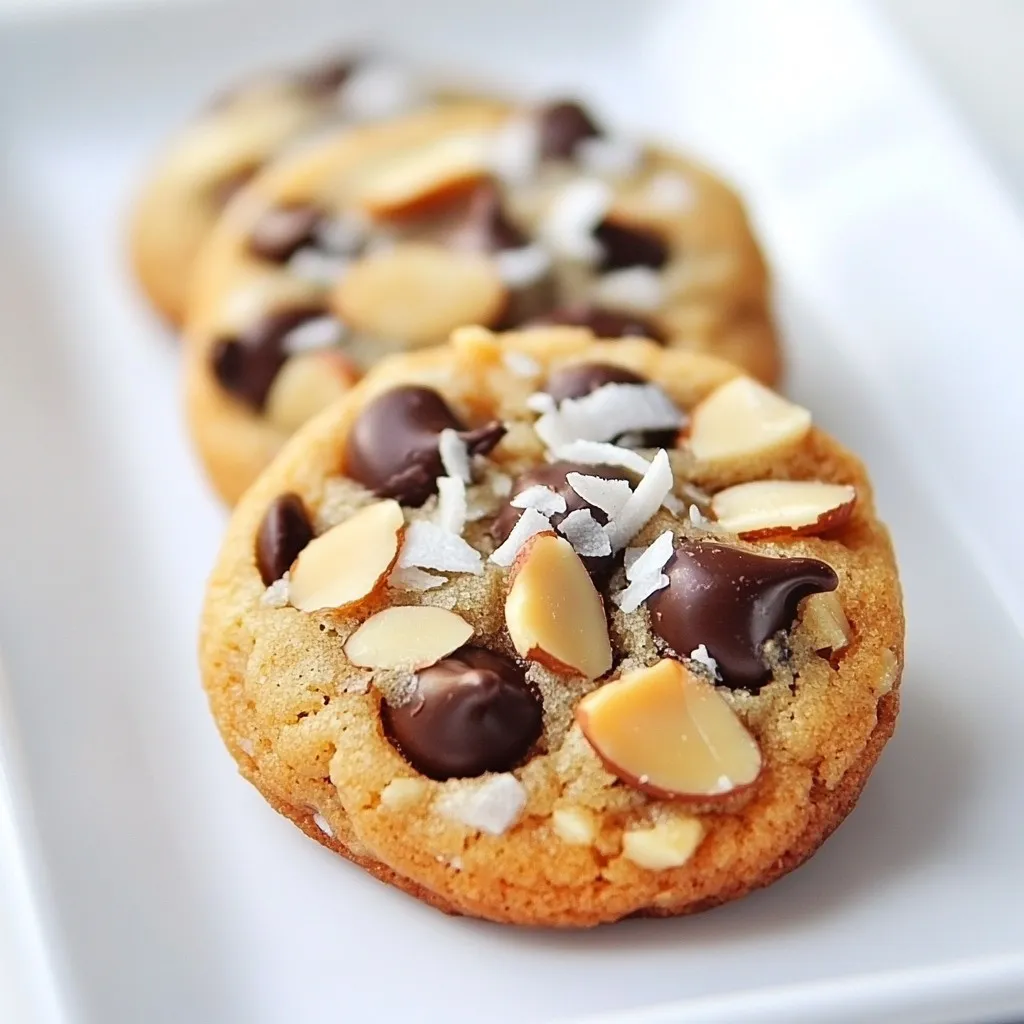 - 1 cup almond flour - 1/2 cup shredded unsweetened coconut - 1/2 cup chocolate chips (dairy-free option) - 1/4 cup pure maple syrup - 1/4 cup coconut oil (melted) - 1/2 teaspoon vanilla extract - 1/4 teaspoon fine sea salt - 1/4 cup chopped almonds Yes, you can make changes for different diets. Here are some easy swaps: - Dairy-free alternatives: Use dairy-free chocolate chips. They work well in this recipe. - Nut-free options: Replace almond flour with oat flour or sunflower seed flour. This keeps your cookies nut-free. These substitutions help everyone enjoy these tasty cookies, no matter their diet! {{ingredient_image_2}} First, set your oven to 350°F (175°C). This is the perfect temperature for baking cookies. While the oven warms up, grab a baking sheet. Line it with parchment paper. This helps stop the cookies from sticking. In a large bowl, mix 1 cup of almond flour, 1/2 cup of shredded coconut, and 1/4 teaspoon of fine sea salt. Stir these dry ingredients well. Even mixing is key for a good cookie. Next, melt 1/4 cup of coconut oil. Make sure it cools slightly before using. In a separate bowl, whisk this melted oil with 1/4 cup of pure maple syrup and 1/2 teaspoon of vanilla extract. Aim for a smooth and well-blended mixture. Now, slowly pour the wet mix into the dry bowl. Stir gently until the dough comes together. Be careful not to overmix. Then, fold in 1/2 cup of chocolate chips and 1/4 cup of chopped almonds. This ensures every bite is full of flavor. Use a tablespoon to scoop the dough. Place these scoops on the baking sheet, leaving 2 inches between each one. This space lets the cookies spread. Gently press down the tops with your fingers to shape them into discs. This helps them bake evenly. Bake the cookies for 10 to 12 minutes. Look for a lovely golden brown on the edges. Once done, take them out and let them cool on the sheet for 5 minutes. After that, move them to a wire rack to cool completely. For serving, arrange them on a wooden platter. A light sprinkle of shredded coconut on top adds a nice touch! To make your cookies chewy, use fresh almond flour. This flour adds moisture and keeps cookies soft. Don't skip the coconut oil; it gives a rich taste and texture. Adjust sweetness by adding more maple syrup or using less if you prefer less sugar. This balance keeps the flavor just right. If your cookies are crumbly, try adding a bit more coconut oil. This will help bind the ingredients. If they spread too much, make sure to chill the dough for 30 minutes before baking. This helps the cookies hold their shape better. You can add a pinch of cinnamon for warmth or a splash of almond extract for extra flavor. If you want to change the chocolate, use dark chocolate or white chocolate chips for variety. Each type adds a unique twist to your cookies. Pro Tips Use Fresh Almonds: Ensure your chopped almonds are fresh for the best flavor. Stale almonds can dull the taste of your cookies. Monitor Baking Time: Keep an eye on the cookies as they bake, as ovens can vary. Baking them until the edges are golden brown ensures a perfect texture. Experiment with Sweeteners: If you want to adjust the sweetness, feel free to try other natural sweeteners like agave syrup or honey (if not strict on being vegan). Chill the Dough: For even better texture, consider chilling the cookie dough for about 30 minutes before baking. This helps the cookies hold their shape better. {{image_4}} You can boost the flavor of your cookies easily. Adding nut butters like almond or peanut butter is a great option. It will give your cookies a creamy texture and rich taste. You can also try adding dried fruits or seeds. Chopped dates or cranberries can add a sweet twist. Sunflower seeds or pumpkin seeds can give a nice crunch. Feel free to experiment! Make your cookies special for different times of the year. For summer, add coconut flakes to give a tropical vibe. In fall, try mixing in some pumpkin spice. You can also swap ingredients based on the season. Fresh berries in the summer or chopped apples in the fall can bring fresh flavors. Themed variations make baking fun! You might want to change the nutrition of your cookies. Lowering sugar is easy. You can use less maple syrup or switch to a sugar substitute. If you want more protein, adding protein powder works well. A scoop of protein powder will not change the taste much. You can also add fiber by including ground flaxseed or chia seeds. These small changes can make your cookies healthier! To keep your cookies fresh, use an airtight container. Glass or plastic containers work well. Store your cookies at room temperature away from sunlight. This helps maintain their taste and texture. If you prefer, you can store them in the fridge. Just remember to seal them tightly to avoid moisture. To freeze your cookies, let them cool completely first. Place them in a single layer on a baking sheet. Freeze for about an hour, then transfer them to a freezer bag. Remove as much air as possible before sealing. This method keeps cookies fresh for up to three months. These cookies stay fresh for about a week at room temperature. In the fridge, they last for up to two weeks. Watch for signs of spoilage. If they become hard or dry, it’s time to toss them. Fresh cookies should be soft and chewy, so enjoy them while they last! Yes, you can make these cookies vegan easily. Replace the chocolate chips with dairy-free ones. Use maple syrup to sweeten. Instead of eggs, you can use flaxseed meal mixed with water. It will bind the ingredients well. You can tell when your cookies are done by looking at the edges. They should turn a nice golden brown. Gently press the tops with your fingers. If they feel firm, they are ready to come out. If you have nut allergies, you can use oat flour or rice flour. Both options work well in this recipe. You can also mix in some gluten-free all-purpose flour for a different texture. Chilling the dough is not required, but it helps with texture. Chilled dough makes the cookies thicker and less likely to spread. If you skip this step, your cookies may be thinner. Yes, you can store the dough in the fridge. Wrap it tightly in plastic wrap or place it in an airtight container. It can stay fresh for up to three days. Just scoop and bake when you are ready! In this blog post, we covered how to make delicious Almond Joy Cookies. We discussed ingredients, step-by-step instructions, and helpful tips to perfect your cookies. Easy substitutions made this recipe friendly for various diets. Remember, the key lies in mixing well and experimenting with flavors. You can store your cookies or even freeze them for later. Enjoy baking these treats and share them with your friends and family. Happy cookie-making!