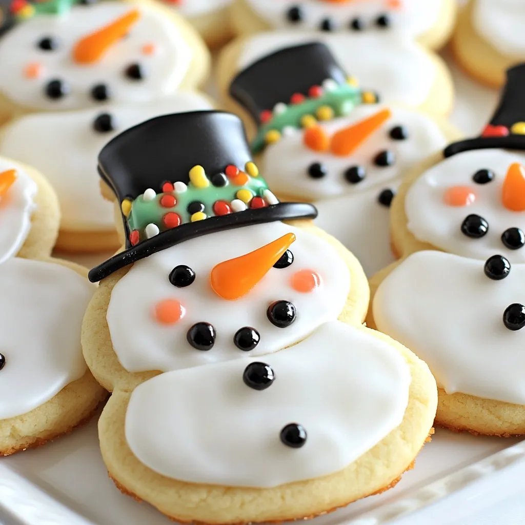 To make snowman sugar cookies, gather these key ingredients: - 2 ¾ cups all-purpose flour - 1 teaspoon baking soda - ½ teaspoon baking powder - 1 cup unsalted butter, softened - 1 ½ cups granulated sugar - 1 large egg - 1 teaspoon pure vanilla extract - 1 teaspoon almond extract - ½ teaspoon sea salt - Royal icing - Edible black beads - Mini orange candies or sprinkles - Assorted mini candies Using these ingredients, you can create the perfect base for your snowman cookies. The flour gives structure, while the butter adds richness. The sugars sweeten and help with browning. Baking soda and baking powder work together to create a light, fluffy texture. Eggs and extracts enhance the flavor, making each bite delightful. For decorating, royal icing acts as the glue for all your fun toppings. Edible black beads make perfect buttons and eyes, while mini orange candies or sprinkles bring the snowmen to life with cute noses. You can also use assorted mini candies for hats and scarves, adding color and cheer to each cookie. This combination of ingredients makes the cookies not only tasty but also festive. When you put them all together, you create a fun experience for everyone who enjoys them! {{ingredient_image_2}} - Preheat the oven to 375°F (190°C). - Prepare the baking sheet with parchment paper. - Whisk together the flour, baking soda, baking powder, and sea salt. - Beat the softened butter and granulated sugar together until light and fluffy. - Add the egg, vanilla extract, and almond extract. Mix well. - Slowly incorporate the dry mixture to form a soft dough. - Divide the dough into two equal portions. - Roll out one portion on a floured surface to about ¼ inch thick. - Cut out snowman shapes with a cookie cutter and place them on the baking sheet. - Bake the cookies for 8-10 minutes. They should be lightly golden around the edges. - Cool the cookies on the baking sheet for a few minutes. - Transfer them to a wire rack to cool completely. - Prepare royal icing or use a store-bought option. - Decorate cookies with royal icing. Use edible beads for eyes and buttons. - Add mini orange candies or sprinkles for the noses. - Use assorted mini candies for hats and scarves. - Let the icing set completely before serving or gifting your cookies. To get the right dough, mix your wet and dry ingredients well. Start by creaming the butter and sugar until they feel fluffy. This step is key. Then, beat in the egg and extracts. When you combine the dry mix, do it slowly. Stir gently until you have a soft dough. If the dough feels too sticky, add a bit more flour. This will help shape the cookies better. Baking time matters for soft cookies. Set your timer for 8 to 10 minutes. Watch closely as they bake. Look for light golden edges. If you bake them too long, they get hard. Soft cookies are the best part of this treat. Once baked, let them cool on the sheet for a few minutes. This helps them stay soft and tasty. Decorating your snowman cookies is where the fun starts! Use royal icing to create the snowman’s body. Then, get creative with candies. Use edible black beads for buttons and eyes. Mini orange candies make great noses. You can add fun hats or scarves with assorted mini candies. Each cookie can look unique. Let your imagination run wild! Pro Tips Chill the Dough: For easier handling, chill the dough for at least 30 minutes before rolling it out. This helps prevent sticking and ensures clean shapes. Use Quality Icing: For the best results, use high-quality royal icing. It sets harder and provides a beautiful finish for decorating your cookies. Mix and Match Decorations: Get creative with your decorations! Use a variety of candies to personalize each snowman, making them unique and fun. Store Properly: Keep your decorated cookies in an airtight container to maintain freshness. They can last up to a week if stored correctly. {{image_4}} You can add zest to your cookies for fun flavors. Try adding lemon zest for a bright taste. Almond zest also works well for a nutty note. Both options make the cookies more special. Get creative with your cookie shapes! Use different cutters to make stars, trees, or even snowflakes. This adds variety to your holiday treats and makes them more fun to decorate. For gluten-free cookies, swap all-purpose flour with a gluten-free blend. Make sure it has xanthan gum for the right texture. For a dairy-free option, use coconut oil instead of butter. These swaps let everyone enjoy your cookies! To keep your snowman sugar cookies fresh, cool them properly. After baking, let the cookies sit on the baking sheet for about five minutes. This helps them firm up. Next, move them to a wire rack to cool completely. Cooling fully keeps the texture just right. Once cool, store cookies in an airtight container. Use parchment paper between layers to avoid sticking. These cookies make great gifts. For packaging, use clear bags or festive boxes. Line the inside with tissue paper for a nice touch. Stack the cookies neatly. You can tie them with a ribbon for a cute finish. Adding a tag with a sweet note is lovely too. Your loved ones will enjoy this festive treat. When stored properly, these cookies last up to one week. If you want to keep them longer, consider freezing them. Wrap each cookie well in plastic wrap. Then, place them in a freezer bag. They can stay fresh in the freezer for up to three months. Just thaw them at room temperature before enjoying. Yes, you can freeze snowman sugar cookies. To freeze, let them cool completely. Place cookies in an airtight container or zip-top bag. Separate layers with parchment paper to prevent sticking. You can freeze the cookies for up to three months. If you freeze them with icing, wrap them carefully to protect the design. Thaw them in the fridge overnight before enjoying. If you do not have royal icing, you can use simple glaze. Mix powdered sugar with a bit of milk or water for a smooth, spreadable icing. You can also use store-bought frosting for a quick option. For a fun twist, try melted chocolate or candy melts to decorate your snowmen. These alternatives give you great results and are easy to work with. To keep your cookies soft, use the right butter ratio. Use unsalted butter, as the recipe suggests. Do not overmix the dough; mix just until combined. Bake cookies until they are light golden. Remove them from the oven while they are still soft. Let them cool on the baking sheet for a few minutes before moving them. This helps them stay soft and chewy. This guide covered everything you need to make snowman sugar cookies. From key ingredients to fun decorating tips, you can create tasty treats. Remember to avoid overbaking for soft cookies. Explore flavor twists and fun shapes to make your cookies unique. Follow best storage practices to keep them fresh. With the right techniques, you’ll impress everyone with your baking skills. Enjoy making and sharing these delightful cookies!