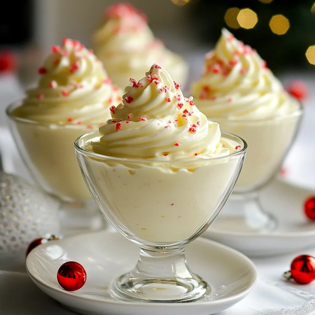 - 8 oz white chocolate, chopped - 1 cup heavy whipping cream - 2 tablespoons powdered sugar - 1 teaspoon peppermint extract - 2 large egg whites - 1/4 teaspoon cream of tartar - Pinch of salt - Crushed peppermint candies for garnish To make the White Chocolate Peppermint Mousse, you need a few key ingredients. First, gather 8 oz of chopped white chocolate. This gives the mousse its rich and creamy base. Next, you will need 1 cup of heavy whipping cream. This is what adds that light, fluffy texture. You will also need 2 tablespoons of powdered sugar. This adds just the right amount of sweetness. A teaspoon of peppermint extract brings that festive flavor that makes this mousse special. For the airy texture, we use 2 large egg whites, along with 1/4 teaspoon of cream of tartar. The cream of tartar helps stabilize the egg whites. A pinch of salt enhances all the flavors. Finally, have crushed peppermint candies ready for a fun garnish. These add a pop of color and a crunchy texture. Once you have all these ingredients, you are ready to create a delicious dessert that is perfect for any occasion. {{ingredient_image_2}} - Start by chopping 8 oz of white chocolate into small pieces. - Place the chocolate in a heatproof bowl. - Microwave the chocolate in 20-second bursts. - Stir the chocolate well after each time. - Keep doing this until the chocolate melts smooth. - Let the melted chocolate cool at room temperature. - In a clean bowl, combine 1 cup of heavy whipping cream and 2 tablespoons of powdered sugar. - Use an electric mixer on medium speed. - Mix until soft peaks form in the cream. - Add 1 teaspoon of peppermint extract to the cream. - Gently mix to infuse the fresh peppermint flavor. - Use a clean bowl and clean beaters for the egg whites. - Add 2 large egg whites, 1/4 teaspoon cream of tartar, and a pinch of salt. - Beat the mixture until stiff peaks form. - This step helps give the mousse a light and airy feel. - Once the chocolate is cool, fold in 1/3 of the whipped cream. - This helps lighten the chocolate mixture. - Gradually fold in the rest of the whipped cream in two parts. - Be gentle to keep that airy texture. - Spoon the mousse into your favorite serving dishes. - Cover the dishes with plastic wrap or lids. - Refrigerate the mousse for at least 2 hours. - This lets the flavors blend and the mousse set. - When ready to serve, sprinkle crushed peppermint candies on top. - This adds color and a festive touch. - Serve in clear cups to show off the beautiful layers. - A little extra crushed peppermint on top makes it pop! Using room temperature ingredients is key. When your heavy cream and egg whites are at room temperature, they whip better. This makes your mousse light and airy. To fold gently, use a rubber spatula. Start by adding a little whipped cream to the chocolate. This lightens the chocolate mix. Then, carefully fold in the rest. Avoid stirring too hard, as this can deflate the mousse. If you love peppermint, add more peppermint extract. A little extra can really boost the flavor. Just be careful not to overpower it. You can also mix up the toppings. Try adding chocolate shavings or fresh raspberries. Each topping brings a new twist to your mousse. If your chocolate is grainy, it might have overheated. To fix it, melt it slowly. Stir it well to make it smooth again. Adjusting sweetness is easy too. If it’s too sweet, add a pinch of salt. This helps balance flavors and makes the mousse taste even better. Pro Tips Use Quality Chocolate: The flavor of your mousse heavily depends on the quality of the white chocolate used. Choose a high-quality brand for the best results. Chill Your Equipment: For an extra fluffy whipped cream, chill your mixing bowl and beaters in the refrigerator for 10-15 minutes before whipping. Experiment with Flavors: While peppermint is delightful, feel free to substitute the peppermint extract with flavors like vanilla or almond for a different twist. Don’t Rush the Chilling: Allowing the mousse to chill for at least 2 hours helps it set properly and enhances the flavors. Patience is key! {{image_4}} To mix things up, you can switch the white chocolate. Try using dark chocolate for a richer taste. This change alters the flavor and adds depth. You can also use milk chocolate for a creamier feel. If you want more variety, add different extracts. Almond or vanilla extracts can bring new notes to your mousse. They blend well with peppermint and give a unique twist. For gluten-free options, this mousse is already a safe choice. All the main ingredients are gluten-free. If you want to make it vegan, use vegan white chocolate. Replace the heavy cream with coconut cream for a rich texture. You can also use aquafaba, the liquid from canned chickpeas, instead of egg whites. This substitution gives you the same lightness without eggs. You can create holiday-themed variations for festive occasions. Add a splash of eggnog flavor for Christmas. Use spices like cinnamon or nutmeg to enhance the seasonal appeal. Another fun idea is to use fresh fruit. During summer, add berries for a fresh burst of flavor. This can balance the sweetness of white chocolate and add a lovely color. To keep your mousse fresh, use an airtight container. This helps prevent it from absorbing any odors from your fridge. Spoon the mousse into the container gently. Make sure to cover it well. If you have some left, it can last in the fridge for up to three days. Can you freeze white chocolate mousse? Yes, you can freeze it! However, it may change texture a bit. For best results, freeze the mousse in individual servings. Use airtight containers or freezer-safe bags. Label them with the date for easy tracking. When you want to enjoy it again, take the mousse out and place it in the fridge overnight to thaw. Avoid microwave thawing, as it can ruin the mousse's light texture. After thawing, give it a gentle stir before serving. Enjoy your tasty treat! You can make white chocolate mousse without eggs by using alternatives. Try using whipped cream or silken tofu for texture. These options create a light and airy mousse. Whipped cream adds a rich flavor, while silken tofu is a great vegan choice. Just blend the tofu until smooth, then fold it into the melted chocolate. Yes, you can make white chocolate mousse ahead of time. It’s perfect for parties or gatherings. Prepare the mousse and spoon it into serving dishes. Cover them well with plastic wrap. Place them in the fridge for up to two days. This way, the flavors develop and the texture stays creamy. White chocolate mousse lasts about three to four days in the fridge. Store it in an airtight container for the best quality. If you notice any changes in smell or texture, it's time to toss it. To maintain its freshness, keep it cool and avoid direct sunlight. In this blog post, we explored how to make a delightful white chocolate mousse. We covered the key ingredients, step-by-step instructions, and tips for perfecting your mousse. You learned about different flavor profiles and storage options. Remember, the right techniques can elevate your dish to the next level. Experiment with various flavors and enjoy your creamy dessert. With practice, you’ll impress everyone with your mousse skills. Happy cooking!