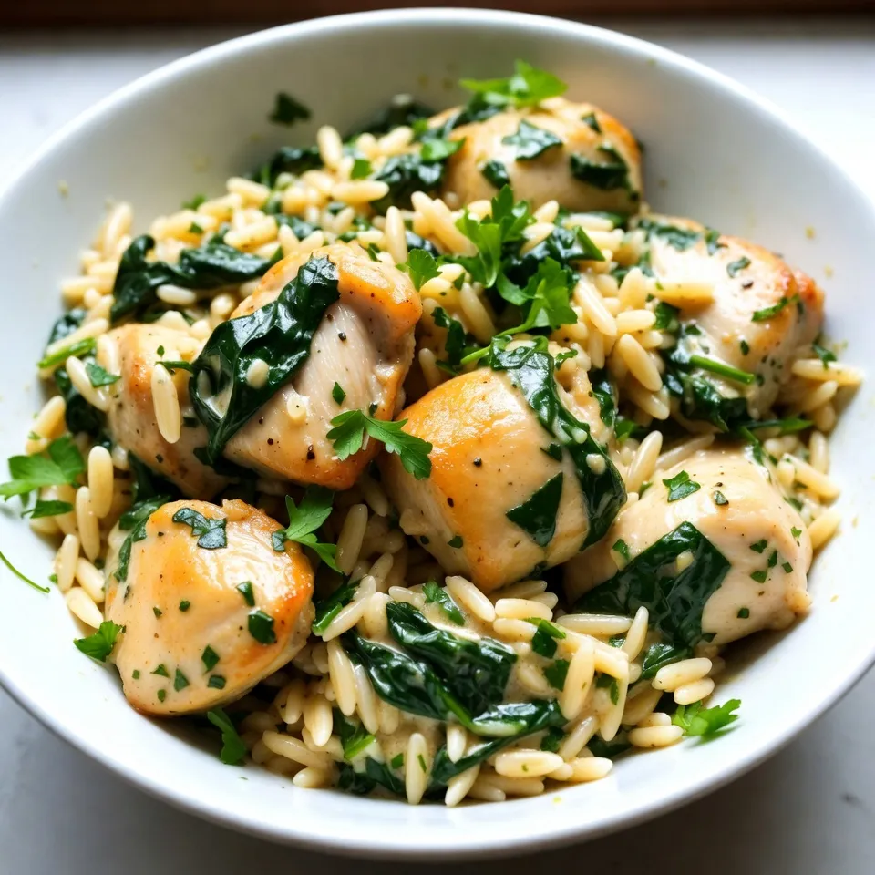 - 1 lb boneless, skinless chicken thighs, cut into bite-sized pieces - 1 cup orzo pasta - 1 cup heavy cream - 1 small onion, finely chopped - 3 cloves garlic, minced - Zest and juice of 1 large lemon - 1 teaspoon dried thyme - 1 cup fresh spinach, chopped To create the best Creamy Lemon Chicken Orzo, you need key ingredients. The main part of this dish is chicken thighs. They are tender and full of flavor. You’ll also need orzo pasta, which cooks quickly and absorbs flavors well. Heavy cream is important too, adding that rich, creamy touch. The aromatics make this dish shine. A finely chopped onion adds sweetness. Minced garlic gives it a nice kick. These two work together to build a great base. Now, let’s talk about flavor enhancers. Lemon zest and juice are stars in this dish. They brighten up the flavors and add a fresh taste. Dried thyme gives an earthy note, while fresh spinach adds color and nutrients. This combination makes the dish vibrant and delicious. Remember, using fresh ingredients makes a big difference. Each element adds to the overall taste. Enjoy crafting this delightful meal! {{ingredient_image_2}} First, heat 2 tablespoons of olive oil in a large pot or skillet over medium-high heat. Add 1 pound of bite-sized chicken thighs. Season them well with salt and black pepper. Cook the chicken for 5-7 minutes. You want it browned and fully cooked. Once done, remove the chicken and set it aside on a plate. Next, use the same pot to cook the aromatics. Add 1 small finely chopped onion. Sauté it for 3-4 minutes until it becomes soft and translucent. This step is key because translucent onions add a sweet flavor. After that, add 3 minced garlic cloves. Cook for just 1 minute. You want the garlic fragrant but not brown. Now it's time to toast the orzo. Stir in 1 cup of orzo pasta. Let it toast for 1-2 minutes while stirring. This step brings out a nutty flavor in the orzo. After toasting, slowly pour in 4 cups of low-sodium chicken broth. Make sure to scrape the bottom of the pot. This helps release all those tasty bits! Bring it to a gentle simmer. Cook the orzo for about 10 minutes, stirring often until it’s tender and has absorbed most of the broth. Once the orzo is ready, lower the heat and stir in 1 cup of heavy cream. Add the zest and juice from 1 large lemon and the cooked chicken. Also, mix in 1 cup of chopped fresh spinach and 1 teaspoon of dried thyme. Cook this for an additional 5 minutes. You want the spinach to wilt down and everything to become creamy. Taste it, then adjust the seasoning with more salt and pepper if needed. Now, remove the pot from the heat and let it sit for a couple of minutes. This helps the dish thicken slightly. Serve the Creamy Lemon Chicken Orzo in bowls, and don’t forget to garnish with chopped fresh parsley for color and flavor! - To avoid overcooked chicken, use medium-high heat. Cook just until golden brown. - For a creamy texture, add heavy cream slowly. Stir well to blend. - Balance the acidity from lemon by adding just the right amount. Too much can overpower. - Adjust salt and pepper to fit your taste. Start with a pinch, then taste. - Garnish with fresh parsley. It adds color and a fresh taste. - Serve with a crispy lemon wedge. It makes the dish look bright and inviting. Pro Tips Use Fresh Ingredients: Always opt for fresh spinach and lemons to enhance the flavor and brightness of your dish. Adjust Creaminess: If you prefer a lighter version, reduce the amount of heavy cream or substitute with half-and-half. Perfectly Cooked Orzo: Keep an eye on the orzo as it cooks to avoid overcooking; it should be al dente for the best texture. Garnish for Flavor: Don’t skip the parsley garnish; it adds freshness and a pop of color to your dish. {{image_4}} For a twist on this dish, try using chicken breast instead of thighs. Chicken breast is leaner and cooks quickly. You can also swap in shrimp for a different flavor. Just cook it until pink. If you want a vegetarian option, add chickpeas. They add protein and a nice texture. Simply toss them in when you add the spinach. While orzo is a great choice, you can use other pasta types. Try small shapes like ditalini or even rice for a gluten-free option. If you need gluten-free pasta, look for brown rice or gluten-free orzo. These options work well and taste great in this dish. To change up the flavor, add fresh herbs. Basil or dill brings a fragrant touch. You can mix them in when you add the cream. Adding vegetables is another fun option. Peas or bell peppers add color and crunch. You can toss these in with the onion for extra flavor. After enjoying your Creamy Lemon Chicken Orzo, you might have some leftovers. It’s best to cool the dish to room temperature before storing. Use an airtight container to keep it fresh. Proper storage helps maintain the flavors and texture. In the fridge, your leftovers last about 3 to 4 days. If you want to keep it longer, consider freezing it instead. Yes, you can freeze Creamy Lemon Chicken Orzo. This makes it easy to enjoy later. To freeze, let it cool completely. Then, transfer it to a freezer-safe container. Seal it tightly to avoid freezer burn. When you want to eat it again, thaw it overnight in the fridge. For reheating, warm it gently on the stove over low heat. You may need to add a splash of chicken broth or cream to restore its creamy texture. This way, it remains delicious and comforting! You can serve this dish with a variety of sides. Here are some great options: - Steamed broccoli: This adds color and crunch. - Garlic bread: A perfect way to soak up the creamy sauce. - Mixed greens salad: A light salad with a lemon vinaigrette pairs well. - Roasted asparagus: This adds a lovely, earthy flavor. - Grilled zucchini: For a fresh side that complements the lemon. Each of these sides brings out the flavors of the orzo dish. If you want a lighter version of Creamy Lemon Chicken Orzo, here are some easy tips: - Use chicken breast: It has less fat than thighs. - Substitute Greek yogurt: Use it instead of heavy cream for creaminess. - Add more veggies: Increase spinach or add other greens to bulk up the meal. - Reduce oil: Use less olive oil when cooking. - Serve smaller portions: Pair with a salad to fill up without extra calories. These changes let you enjoy the dish while cutting back on calories. You can prepare parts of this recipe in advance. Here’s how: - Cook the chicken: You can sauté it a day before and store it in the fridge. - Prep the orzo: You can cook it and keep it in a sealed container. - Chop the veggies: Prepare onions and spinach ahead of time for easy cooking. When you’re ready to eat, just combine everything in a pot. This saves time and makes dinner stress-free. In this blog post, we covered how to make Creamy Lemon Chicken Orzo. We looked at key ingredients, like chicken thighs, orzo, and heavy cream. I shared step-by-step instructions, tips for perfect texture, and ways to enhance flavor. You can customize the dish with substitutes, adjust storage for leftovers, and find answers to common questions. Remember, cooking is for enjoyment and easy to make. Try it out, and share your tasty results!