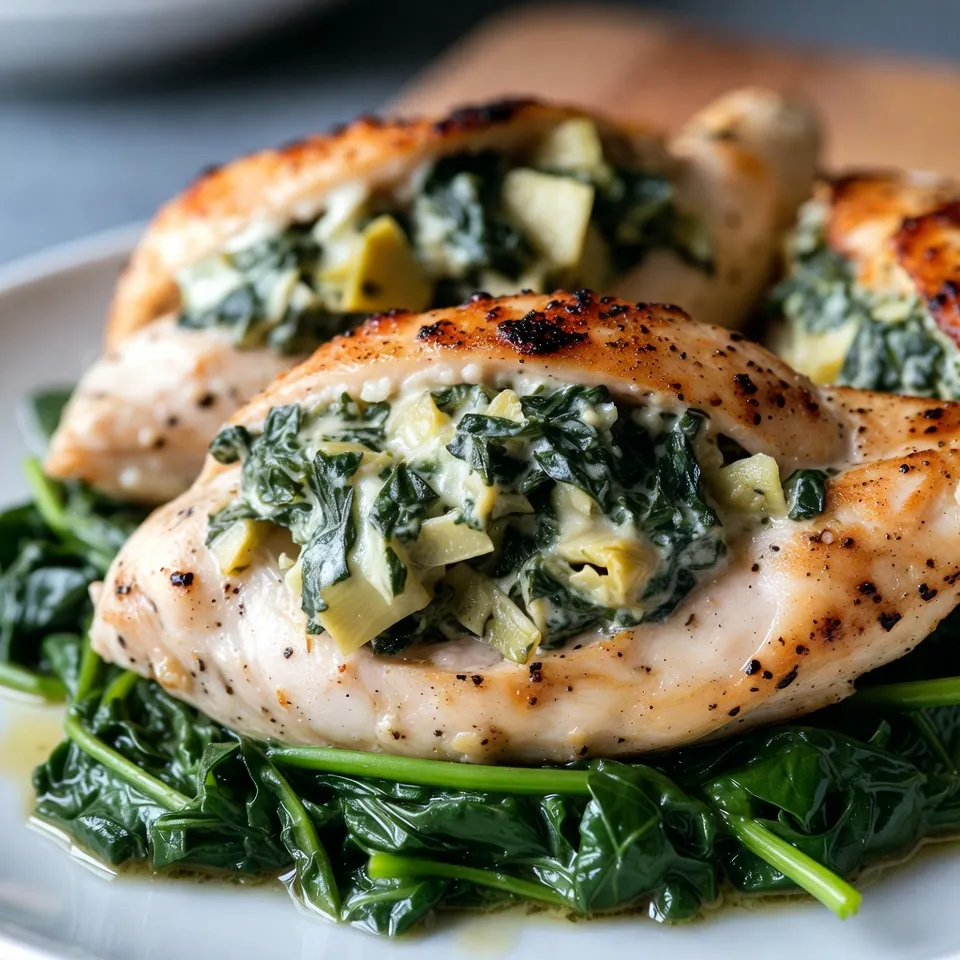 - 4 boneless, skinless chicken breasts - 1 cup fresh spinach, finely chopped - 1 cup artichoke hearts, drained and diced - 1/2 cup cream cheese, softened - 1/2 cup shredded mozzarella cheese - 1/4 cup grated Parmesan cheese - 2 cloves garlic, minced - 1 teaspoon onion powder - 1 teaspoon Italian seasoning - Salt and pepper to taste - 2 tablespoons extra virgin olive oil To make this dish, you need some basic ingredients. You start with chicken breasts that are both boneless and skinless. This makes the chicken tender and easy to stuff. Next, you need fresh spinach and artichoke hearts. The spinach adds a nice green color. The artichokes bring a unique taste and texture. For the creamy filling, grab some cream cheese. It blends well with shredded mozzarella. Together, they create a rich and tasty filling. You will also need some seasoning. Garlic adds a punch of flavor. Onion powder and Italian seasoning give the dish warmth and depth. Finally, salt and pepper are key to enhancing all the flavors. And don’t forget the olive oil! It helps to sear the chicken and keeps it moist. This mix of ingredients makes every bite of spinach artichoke stuffed chicken a delight. {{ingredient_image_2}} 1. First, preheat your oven to 375°F (190°C). This step gets the oven ready for even cooking. 2. In a bowl, mix chopped spinach, diced artichokes, cream cheese, mozzarella, and Parmesan. 3. Add minced garlic, onion powder, and Italian seasoning. Stir well and taste. Adjust salt and pepper as needed. 4. Next, take each chicken breast. Carefully slice a pocket in the thickest part. Do not cut all the way through. 1. Use a spoon to fill each chicken pocket with the spinach-artichoke mixture. 2. Press gently to fit as much filling as you can. 3. If needed, use toothpicks to secure the openings. This helps keep the filling inside. 4. Season the outside of the chicken with salt and pepper. 1. Heat olive oil in a skillet over medium-high heat. 2. Once hot, add the stuffed chicken breasts. Sear for 4-5 minutes on each side. Look for a golden-brown crust. 3. After searing, transfer the chicken to a baking dish. 4. Bake in the preheated oven for 20-25 minutes. The chicken should be fully cooked and juices should run clear. 5. Allow the chicken to rest for 5 minutes after baking. This step keeps the chicken moist before you slice into it. To get the best sear on your chicken, start with a hot skillet. Heat the olive oil over medium-high heat. Once hot, place the chicken in the pan. Let it cook without moving it for about 4-5 minutes. This creates a nice golden-brown crust. Flip the chicken and repeat on the other side. Adjust the seasoning to make it perfect for your taste. After mixing the filling, taste it. If you think it needs more flavor, add more salt or pepper. You can also add a pinch of garlic powder or spice to enhance the taste. For a gourmet look, serve your stuffed chicken on a colorful plate. A vibrant bed of sautéed greens or a fresh salad makes a great base. Top your chicken with a drizzle of balsamic reduction for added flavor. This creates a beautiful glaze that impresses your guests. Pair the dish with simple sides. Roasted vegetables or garlic bread work well. A light pasta salad can also complement the meal. These sides balance the rich flavors of the chicken and add variety to your plate. Pro Tips Use Fresh Spinach: Fresh spinach not only adds vibrant color but also enhances the flavor profile of your stuffing. If using frozen spinach, be sure to thoroughly drain and squeeze out excess moisture. Customize the Cheese: Feel free to experiment with different cheese combinations. Adding feta or goat cheese can provide a tangy twist that complements the artichokes beautifully. Let it Rest: Allowing the chicken to rest after baking is crucial. This helps the juices redistribute, resulting in a juicier and more flavorful dish. Pair with Bright Sides: Serving the stuffed chicken with a light salad or roasted vegetables will balance the richness of the dish and create a well-rounded meal. {{image_4}} For those with specific dietary needs, I offer some great options: - Gluten-free options: Use gluten-free breadcrumbs or simply skip them. The dish remains tasty without any fillers. - Dairy-free alternatives: Replace cream cheese with a nut-based cheese or tofu. These options keep the creaminess while being dairy-free. Want to elevate your dish? Consider these ideas: - Adding different cheeses: Try goat cheese for a tangy twist or cheddar for a sharp flavor. Mixing cheeses can create a delightful taste. - Incorporating additional vegetables: Adding bell peppers, mushrooms, or zucchini can boost nutrition and flavor. Sauté the veggies first for a softer texture. These variations let you personalize your spinach artichoke stuffed chicken while keeping it delicious! To keep your spinach artichoke stuffed chicken fresh, refrigerate it right away. Place the leftovers in an airtight container. This helps prevent drying out. You can store it in the fridge for up to three days. If you want to save it for longer, freezing is a great option. Wrap each piece in plastic wrap, then put it in a freezer bag. This way, it can last for up to three months. When reheating your chicken, keep it moist to avoid dryness. The best method is to use an oven. Preheat it to 350°F (175°C). Place the chicken in a baking dish with a splash of water or chicken broth. Cover it with foil to trap steam. Heat for about 20 minutes or until it's warm throughout. If you're in a hurry, you can use a microwave. Heat on medium power for 2-3 minutes, but check often to avoid overcooking. Can I use chicken thighs instead of breasts? Yes, you can use chicken thighs. They add more flavor and stay moist. Just make sure to adjust the cooking time, as thighs may take longer to cook through. How do I know when the chicken is fully cooked? Check the chicken with a meat thermometer. It should read 165°F (74°C). The juices should run clear when you cut into it. What can I substitute for cream cheese? You can use Greek yogurt or ricotta cheese. Both will give a creamy texture. They may change the flavor slightly, but they work well. Can I make the filling ahead of time? Yes, you can prepare the filling in advance. Store it in the fridge for up to two days. Just make sure to stuff the chicken before cooking. This way, it stays fresh and tasty. This blog post covers a tasty stuffed chicken recipe with artichokes and spinach. We shared the key ingredients and step-by-step instructions. You learned about cooking tips, serving ideas, and variations for diet needs. Finally, we discussed how to store and reheat leftovers. You can enjoy this dish for any meal, and it’s easy to make. Try it out, and impress your family and friends!