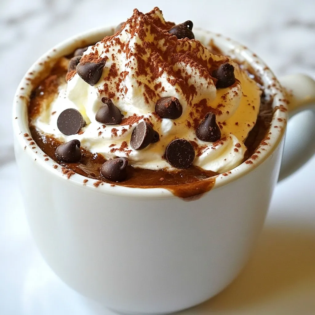 To create a delightful Chocolate Espresso Mug Cake, you will need these simple ingredients: - 4 tablespoons all-purpose flour - 4 tablespoons granulated sugar - 2 tablespoons unsweetened cocoa powder - 1/8 teaspoon baking powder - 1/8 teaspoon salt - 3 tablespoons milk (or your preferred dairy alternative) - 2 tablespoons vegetable oil - 1/2 teaspoon vanilla extract - 1 tablespoon freshly brewed espresso (or strong coffee) - Optional toppings: chocolate chips, whipped cream, ice cream Each ingredient plays a key role in making the cake rich and tasty. The all-purpose flour gives structure, while sugar adds sweetness. Cocoa powder brings that deep chocolate flavor, and baking powder helps the cake rise. The salt balances the sweetness and enhances the cocoa taste. Milk or a dairy alternative adds moisture, while vegetable oil keeps it tender. Vanilla adds a lovely aroma, and espresso amps up the chocolate flavor. Feel free to add chocolate chips for extra gooeyness on top. You can also dress it up with whipped cream or ice cream. These toppings make the cake even more special. Enjoy each bite of your quick and easy dessert! {{ingredient_image_2}} 1. Grab a medium microwave-safe mug. 2. Mix the dry ingredients. In the mug, add: - 4 tablespoons all-purpose flour - 4 tablespoons granulated sugar - 2 tablespoons unsweetened cocoa powder - 1/8 teaspoon baking powder - 1/8 teaspoon salt 3. Use a fork or small whisk to mix well. This helps break up lumps. 4. Next, add the wet ingredients: - 3 tablespoons milk (or your choice) - 2 tablespoons vegetable oil - 1/2 teaspoon vanilla extract - 1 tablespoon freshly brewed espresso (or strong coffee) 5. Stir gently until the batter is smooth and all ingredients are mixed. 6. For a gooey center, fold in chocolate chips. Use 1 tablespoon or more, if you like. 1. Place the mug in the microwave. 2. Cook on high for about 1 minute and 30 seconds. 3. Check the mug cake after 1 minute. This avoids overflow. 4. The cake is done when it has risen and is set in the center. It may be soft. 1. Let the mug cake cool for about 1 minute. It will be hot! 2. For a special touch, add whipped cream or a scoop of ice cream. 3. Dust some cocoa powder on top for a nice look. Enjoy your treat! To get the best mug cake, you need to know your microwave. Most microwaves have different wattages. If yours is lower than 1000 watts, increase cooking time by 10-20 seconds. For higher wattages, check the cake sooner. Next, let’s talk about that gooey center. If you want a soft middle, mix in chocolate chips. This little trick adds a rich, melty surprise. Remember, the cake will set as it cools, so take it out when it still looks a bit soft. Not all mugs are created equal. I recommend using a standard ceramic mug. It should hold at least 12 ounces to prevent spills. Look for one that’s microwave-safe to avoid any mess. For mixing, keep it simple. A small whisk or a fork works great for blending the dry and wet ingredients. If you have a spatula, it can help scrape down the sides of the mug. With these tools, you’ll whip up your cake in no time! Pro Tips Perfecting the Espresso: Use freshly brewed espresso for the best flavor. If you don’t have an espresso maker, a strong coffee will work well too! Microwave Variability: Microwave wattages can differ significantly; always start checking your cake after 1 minute to avoid overcooking. Gooey Goodness: For an extra indulgent experience, add a few more chocolate chips to the batter for a melty center. Presentation Matters: Elevate your mug cake by serving it with whipped cream or ice cream, and adding a sprinkle of cocoa powder or chocolate shavings on top. {{image_4}} You can easily change the taste of your mug cake. Try using flavored coffee instead of regular espresso. Hazelnut or vanilla coffee adds a unique twist! You can also add spices for an extra kick. A pinch of cinnamon warms the cake, while a dash of chili powder gives it a fun heat. If you want a gluten-free treat, swap the all-purpose flour for a gluten-free blend. Many brands work well in mug cakes. For those on a vegan diet, use plant-based milk and oil instead of dairy. You can also skip the eggs, as this recipe does not need them. These swaps let everyone enjoy this quick delight! After you enjoy your chocolate espresso mug cake, you may have some left. To store it, let the cake cool completely. This step stops the steam from making it soggy. Place the mug cake in an airtight container. You can keep it at room temperature for one day. If you want to save it longer, refrigerate it for up to three days. Yes, you can freeze it too! Wrap the cake tightly in plastic wrap and then in foil. It can stay in the freezer for about a month. Reheating your mug cake is easy and quick. To keep its texture, the microwave works best. Heat it for about 10 to 15 seconds. Check it to see if it's warm enough. If it feels dry, add a little milk before reheating. You can also use an oven if you prefer. Preheat the oven to 350°F (175°C). Place the mug cake on a baking tray and heat it for 5 to 10 minutes. This gives it a nice texture without making it tough. Enjoy your warm, chocolatey treat again! Can I make this mug cake in advance? You can make the batter ahead of time. Just mix the dry and wet ingredients separately. When you want to enjoy your mug cake, combine them and microwave. This way, you have a quick treat ready to go! What if I don’t have espresso? Can I substitute it? Yes! If you don’t have espresso, use strong coffee instead. The rich flavor will still shine. You can also try using instant coffee mixed with hot water for a quick fix. Caloric content and nutritional breakdown This mug cake has about 400 calories. It’s rich in sugar and fat, thanks to the sugar and oil. The cocoa adds some antioxidants, making it a sweet treat with a bit of goodness. Suggestions for healthier versions To make a lighter version, you can use whole wheat flour instead of all-purpose flour. You can also cut the sugar in half or use a sugar substitute. For a vegan option, use a plant-based milk and oil. You now have all the tools to make a great mug cake. From the right ingredients to clear steps, you can enjoy this sweet treat anytime. Remember, it’s okay to add your twist with flavors or toppings. Whether you want it vegan or gluten-free, there are options for you. Store leftovers properly and reheat with care to keep that perfect texture. Enjoy your baking adventure and share your results with others. Happy mug cake making!