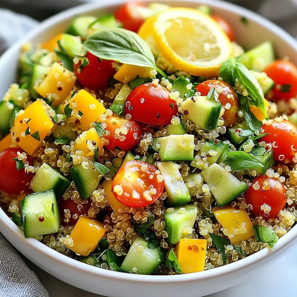 For this vibrant Green Goddess Quinoa Salad, you will need: - 1 cup quinoa, thoroughly rinsed - 2 cups vegetable broth, low-sodium preferred - 1 medium cucumber, diced into bite-sized pieces - 1 cup cherry tomatoes, halved - 1 bell pepper (choose your favorite color), diced - 1 ripe avocado, diced - 1 cup fresh spinach or kale, roughly chopped - ½ cup fresh parsley, finely chopped - ¼ cup fresh basil leaves, packed and chopped - ¼ cup green onions, thinly sliced - Zest and juice of 1 large lemon - 3 tablespoons extra virgin olive oil - Sea salt and freshly cracked black pepper, to taste I always choose fresh and high-quality ingredients. For the best flavor, pick ripe avocados and vibrant vegetables. Fresh herbs like parsley and basil make the dressing pop. Use organic options if you can. The vegetable broth should be low-sodium to keep the salad light. This choice lets the fresh tastes shine through. Feel free to customize this salad based on your taste. If you don’t have quinoa, try brown rice or farro. For extra protein, you can add chickpeas or grilled chicken. You can switch the spinach for kale or arugula for a peppery kick. Want a creamier dressing? Blend in some Greek yogurt. The options are endless! {{ingredient_image_2}} To start, rinse 1 cup of quinoa under cold water. This step helps remove any bitterness. Next, in a medium pot, combine the rinsed quinoa with 2 cups of low-sodium vegetable broth. Bring the mixture to a boil over medium-high heat. Once it boils, lower the heat, cover the pot, and let it simmer. Cook for about 15 minutes until the quinoa is fluffy and the liquid is absorbed. After cooking, take it off the heat and let it cool for a few minutes. While the quinoa cooks, it’s time to make the Green Goddess dressing. Grab a blender or food processor. Add the juice and zest of 1 large lemon, 3 tablespoons of extra virgin olive oil, ½ cup of finely chopped parsley, and ¼ cup of packed and chopped basil. Add a sprinkle of sea salt and freshly cracked black pepper. Blend until you achieve a smooth and creamy texture. Taste it and adjust the seasoning if needed. In a large mixing bowl, combine the cooled quinoa with a diced medium cucumber, 1 cup of halved cherry tomatoes, a diced bell pepper, and 1 ripe diced avocado. Add 1 cup of chopped fresh spinach or kale and ¼ cup of thinly sliced green onions. Drizzle the Green Goddess dressing over the salad and gently toss everything together. Be careful to keep the avocado intact. Taste the salad again, adding more salt, pepper, or lemon juice if needed. Serve right away or chill for up to 2 hours to enhance the flavors. To store your Green Goddess Quinoa Salad, place it in an airtight container. This keeps it fresh for longer. You can keep it in the fridge for about three days. Make sure to press out any air before sealing. This helps prevent sogginess. For a bolder taste, try adding more herbs. Fresh herbs like dill or cilantro work well. You can also mix in some crushed red pepper for a bit of heat. A splash of balsamic vinegar adds a nice zing too. If you want creaminess, consider adding more avocado or a dollop of Greek yogurt. Always rinse your quinoa before cooking. This removes the bitter coating called saponin. Use a fine mesh strainer for best results. When cooking, the ratio of quinoa to broth is key. One cup of quinoa needs two cups of broth for perfect fluffiness. Let it sit covered for a few minutes after cooking. This helps it absorb any remaining moisture and become even fluffier. Pro Tips Rinse Your Quinoa: Always rinse quinoa under cold water before cooking to remove its natural coating, called saponin, which can impart a bitter taste. Chill for Flavor: Allow the salad to chill in the refrigerator for up to 2 hours before serving; this helps the flavors to meld together beautifully. Use Seasonal Vegetables: Feel free to swap in seasonal vegetables for added freshness and flavor, such as zucchini in the summer or roasted butternut squash in the fall. Perfect Avocado: To keep the avocado from browning, add it just before serving or toss it in lemon juice to preserve its vibrant green color. {{image_4}} You can boost the protein in your Green Goddess Quinoa Salad easily. Some great options are: - Grilled chicken breast - Cooked shrimp - Canned chickpeas - Tofu, either grilled or baked Each option adds flavor and substance. Choose what fits your taste or diet best. This salad is already vegetarian and can be made vegan. Just ensure you use plant-based protein. For a creamy touch, try adding a vegan yogurt or tahini. It adds richness without animal products. You can switch out veggies based on what’s fresh. Here are some ideas: - Use zucchini or summer squash in the summer. - Swap in roasted beets in fall. - Try fresh peas or radishes in spring. These swaps keep the salad exciting and can highlight local produce. This salad can last in the fridge for about 3 to 5 days. The key is to keep it stored properly. If you follow the storage tips below, your salad will stay fresh. Store the salad in an airtight container. I recommend using glass or plastic containers with tight lids. This will keep out air and moisture. Avoid adding the dressing until you're ready to eat. This keeps the veggies crisp and prevents sogginess. If you've already dressed the salad, eat it within two days for the best taste. You can freeze this salad, but some ingredients do not freeze well. For freezing, keep the quinoa and dressing separate. The other veggies may become mushy after thawing. I recommend freezing only the quinoa. Once thawed, mix it with fresh veggies and dressing for a tasty meal. When you freeze, use freezer-safe bags or containers. Label with the date for easy tracking. Green Goddess dressing is a creamy, herb-based sauce. It gets its rich flavor from fresh herbs like parsley and basil. You blend these herbs with olive oil, lemon juice, salt, and pepper. This dressing adds a fresh and vibrant taste to any salad. It pairs perfectly with the quinoa and veggies in this dish, making it a star ingredient! Yes, you can make this salad ahead of time. Prepare the quinoa and dressing first. Store them in separate containers in the fridge. When you're ready to serve, mix them with the fresh veggies. This keeps the salad crunchy and bright. You can also let it chill in the fridge for up to two hours for the best flavors. To make this salad spicier, add some diced jalapeños or a pinch of cayenne pepper to the dressing. You can also mix in some hot sauce or chili flakes. Start with a little, then taste and adjust. This way, you can find the perfect heat level for your taste buds. Enjoy the extra kick! This blog post covered the ingredients needed and how to make the salad. We discussed important tips for storing leftovers and enhancing flavor. We also explored variations like adding proteins or seasonal veggies. Finally, we answered common questions about the salad and dressing. In the end, you can make this salad your own. With a few tweaks, it can fit anyone's taste. Enjoy your cooking and make this meal a staple!