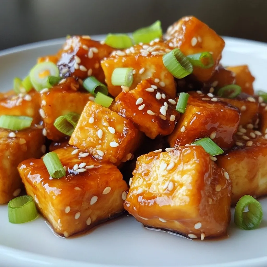 To make this tasty dish, you need a few key items: - 1 block (14 oz) firm tofu, pressed and cubed - 3 tablespoons cornstarch - 3 tablespoons vegetable oil - 4 cloves garlic, minced - 1/4 cup honey (or agave syrup for a vegan option) - 2 tablespoons low sodium soy sauce - 1 tablespoon rice vinegar - 1/2 teaspoon crushed red pepper flakes (optional, for heat) - 2 green onions, finely sliced for garnish - Sesame seeds for garnish These ingredients create a perfect balance of sweet and savory flavors. The tofu gives a nice texture, while the honey and soy sauce bring the dish to life. If you have allergies, you can make simple swaps: - Use agave syrup instead of honey for a vegan option. - Replace soy sauce with tamari for a gluten-free dish. - Try using olive oil or coconut oil in place of vegetable oil. These swaps keep the dish delicious while catering to your needs. For a touch of freshness and flavor, consider these toppings: - Sliced green onions add color and a mild onion taste. - A sprinkle of sesame seeds gives crunch and a nutty flavor. These garnishes not only enhance the dish's look but also elevate the taste with each bite. {{ingredient_image_2}} Begin by pressing the tofu. Pressing removes extra water. This step makes the tofu crispy. Use a clean kitchen towel or paper towels to absorb moisture. After pressing, cut the tofu into even 1-inch cubes. Uniform pieces ensure even cooking. Next, grab a mixing bowl. Put the cubed tofu inside. Sprinkle 3 tablespoons of cornstarch over the tofu. Toss the tofu gently with your hands. Make sure each piece has a light coat of cornstarch. This coating helps create a crunchy outside when frying. Now, heat vegetable oil in a large skillet over medium-high heat. Wait until the oil shimmers. Carefully add the tofu cubes in a single layer. Avoid crowding the pan. Fry for about 3-4 minutes on each side. You want a rich golden brown color and crispy texture. Once cooked, remove the tofu and place on a paper towel-lined plate to soak up oil. In the same skillet, add minced garlic. Cook over medium heat for about 30 seconds. Stir constantly until the garlic smells good. Be careful not to burn it. Add honey or agave syrup, soy sauce, rice vinegar, and crushed red pepper flakes. Stir the mix well and let it simmer for 2 minutes. This thickens the sauce and blends the flavors. Gently add the crispy tofu back into the skillet. Carefully toss it to coat all pieces in the sauce. Cook for another minute to heat everything together. This step ensures the tofu is full of flavor. To make your tofu extra crispy, follow these steps: - Press the Tofu: Press your tofu for at least 30 minutes. This removes moisture, which helps it crisp up. - Use Cornstarch: Coat the tofu cubes well with cornstarch. This creates that lovely crispy shell. - Don’t Crowd the Pan: Fry your tofu in batches. This allows each piece to fry evenly without steaming. You can use an air fryer or oven for a healthier approach. - Air Fryer: Preheat your air fryer. Cook the cornstarch-coated tofu at 375°F for about 15 minutes. Shake halfway for even cooking. - Oven Baking: Preheat your oven to 400°F. Spread the tofu on a baking sheet. Bake for 25-30 minutes, flipping halfway through. Keep these tips in mind to avoid issues: - Skip the Water: Don’t skip pressing your tofu. Excess water leads to soggy tofu. - Watch the Heat: If your oil isn’t hot enough, the tofu will absorb it and become greasy. - Timing is Key: Cook the tofu until golden brown. Undercooking can lead to a chewy texture. By following these tips, you can make crispy honey garlic tofu that delights your taste buds every time. Pro Tips Press Tofu Well: Ensure you press the tofu for at least 15-30 minutes to remove as much moisture as possible. This helps achieve a crispier texture. Use High Heat: When frying the tofu, make sure the oil is hot enough (shimmering) before adding the tofu. This prevents sticking and promotes a golden-brown crust. Adjust Sweetness: If you prefer a less sweet sauce, adjust the amount of honey or agave syrup to your taste. You can start with less and add more gradually. Garnish Wisely: For added texture and flavor, consider garnishing with toasted sesame seeds or even chopped nuts for an extra crunch. {{image_4}} If you're looking for a vegan option, agave syrup works great. It has a similar sweetness to honey. Simply swap out the honey for 1/4 cup of agave syrup. This keeps the dish tasty while making it plant-based. You can switch up the sauce for new flavors. Try using teriyaki sauce instead of honey for a savory twist. Or, mix in some sriracha for a spicy kick. Each sauce will give the tofu a unique taste that keeps things exciting. Adding vegetables can make this dish more nutritious. Bell peppers, broccoli, or snap peas are excellent choices. Sauté them with the garlic before adding the sauce. This not only boosts flavor but also adds color and vitamins to your meal. To keep your crispy honey garlic tofu fresh, store it in an airtight container. Make sure to let the tofu cool down first. Line the bottom of the container with paper towels to absorb extra moisture. This helps maintain the tofu's texture. Place another paper towel on top before sealing the lid. This method prevents sogginess and keeps the flavors vibrant. When reheating, aim to restore that crispy texture. The best way is to use a skillet. Heat it over medium heat and add a splash of oil. Once warm, add the tofu and stir gently. Cook for about 5 minutes, turning occasionally, until crispy again. You can also use an air fryer. Set it to 350°F and heat for 3-5 minutes. This method keeps the tofu crunchy and delicious. If you want to keep your crispy honey garlic tofu longer, freezing is a good option. First, make sure the tofu is cooled completely. Then, place it in a freezer-safe bag or container. Try to remove as much air as possible to prevent freezer burn. Label the bag with the date and store it for up to three months. When ready to eat, thaw it in the fridge overnight before reheating. Yes, you can use firm tofu. However, extra firm tofu gives the best texture. It holds together well and gets crispier when cooked. If you only have firm tofu, press it longer to remove more water. This helps make it crunchier. If you lack cornstarch, use all-purpose flour instead. It works well for coating the tofu. The flour will still help create a crispy crust. You can also try using potato starch if you have that on hand. To add heat, increase the red pepper flakes. You can also add hot sauce to the sauce mix. Another option is to use fresh chili peppers. Slice them thinly and toss them in with the garlic for a fresh kick. Yes, you can easily make it gluten-free. Use gluten-free soy sauce, like tamari. Check your other ingredients, too, to ensure they are gluten-free. With these simple swaps, you can enjoy this tasty dish without worry. You now have all the tools to make crispy honey garlic tofu. From choosing the right ingredients to quick tips for great results, success is within reach. Remember, you can swap ingredients for allergies and try different cooking methods. This dish is flexible. You can even freeze leftovers for later. Enjoy the process and have fun with the meal. Your journey into cooking delicious tofu starts now!